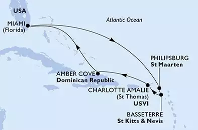 MSC MERAVIGLIA - itinerár  8 nocí odchod z Miami United States dňa 02/01/2027 - United States,Netherlands Antilles,Saint Kitts and Nevis,Virgin Islands (U.S.),Dominican Republic