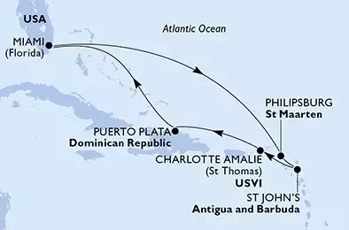 MSC MERAVIGLIA - itinerár  8 nocí odchod z Miami United States dňa 16/01/2027 - United States,Netherlands Antilles,Antigua and Barbuda,Virgin Islands (U.S.),Dominican Republic