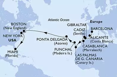 MSC MERAVIGLIA - itinerár  22 nocí odchod z Barcelone Espagne dňa 20/10/2026 - Spain,Gibraltar,Morocco,Portugal,United States