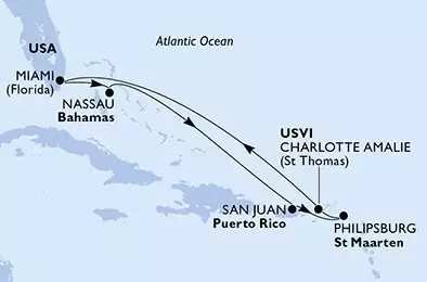 MSC MERAVIGLIA - itinerár  8 nocí odchod z Miami United States dňa 30/01/2027 - United States,Bahamas,Puerto Rico,Netherlands Antilles,Virgin Islands (U.S.)
