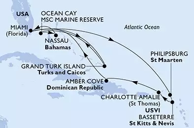 MSC MERAVIGLIA - itinerár  14 nocí odchod z Miami USA dňa 07/02/2027 - Miami,Grand Turk Island,Ocean Cay,Nassau,Miami,Philipsburg,Basseterre,Charlotte Amalie,Amber Cove,Miami