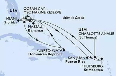 MSC MERAVIGLIA - itinerár  14 nocí odchod z Miami USA dňa 24/01/2027 - Miami,Nassau,Ocean Cay,Puerto Plata,Miami,Nassau,San Juan,Philipsburg,Charlotte Amalie,Miami