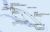 Miami,Nassau,Ocean Cay,Puerto Plata,Miami,Nassau,San Juan,Philipsburg,Charlotte Amalie,Miami