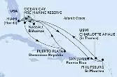 Miami,Nassau,Ocean Cay,Puerto Plata,Miami,Nassau,San Juan,Philipsburg,Charlotte Amalie,Miami