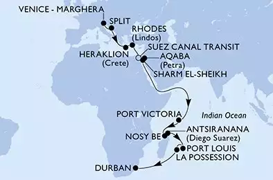 MSC ARMONIA - itinerár  26 nocí odchod z Venice - Marghera Italy dňa 01/11/2026 - Venice-Marghera,Split,Heraklion,Rhodes,Suez Canal North,Suez Canal South,Aqaba,Sharm El-Sheikh,Port Victoria,Nosy Be,Antsiranana,Port Louis,La Possession,Durban