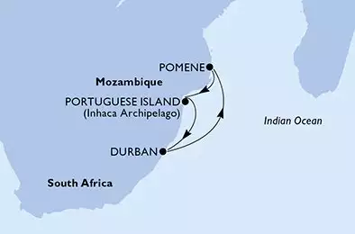 MSC ARMONIA - itinerár  5 nocí odchod z Durban South Africa dňa 14/02/2027 - Durban,Pomene,Portuguese Island,Durban
