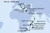 Venice-Marghera,Split,Heraklion,Rhodes,Suez Canal North,Suez Canal South,Aqaba,Sharm El-Sheikh,Port Victoria,Nosy Be,Antsiranana,Port Louis,La Possession,Durban,Pomene,Durban