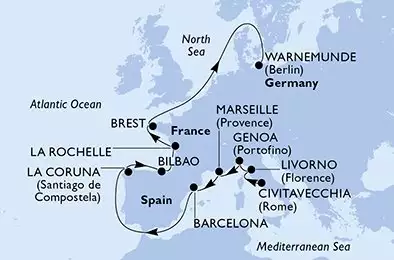 MSC MAGNIFICA - itinerár  13 nocí odchod z Civitavecchia (Rome) Italy dňa 14/05/2026 - Italy,France,Spain,Germany