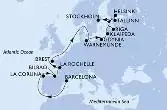 Barcelona,La Coruna,Bilbao,La Rochelle,Brest,Warnemunde,Gdynia,Klaipeda,Riga,Tallinn,Helsinki,Stockholm,Stockholm
