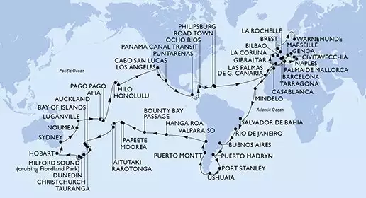 MSC MAGNIFICA - itinerár  132 nocí odchod z Génova (Portofino) Italia dňa 05/01/2027 - Genoa,Marseille,Barcelona,Gibraltar,Casablanca,Mindelo,Salvador,Rio de Janeiro,Rio de Janeiro,Buenos Aires,Buenos Aires,Puerto Madryn,Port Stanley,Ushuaia,Ushuaia,Puerto Montt,Valparaiso,Valparaiso,Hanga Roa,Bounty Bay Passage,Papeete,Papeete,Moorea,Aitutaki,Rarotonga,Bay of Islands,Auckland,Tauranga,Christchurch,Dunedin,Cruising Milford Sound,Hobart,Hobart,Sydney,Sydney,Noumea,Luganville,Apia,Pago Pago,Honolulu,Hilo,Los Angeles,Cabo San Lucas,Puntarenas,BLB-Panam Canal,CTB-Panama Canal,Ocho Rios,Road Town,Philipsburg,Las Palmas de G.Canaria,Palma de Mallorca,Naples,Civitavecchia,Genoa,Marseille,Tarragona,La Coruna,Bilbao,La Rochelle,Brest,Warnemunde