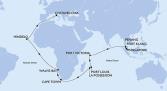 Singapore,Port Klang,Penang,Port Victoria,Port Louis,Port Louis,La Possession,Cape Town,Cape Town,Walvis Bay,Mindelo,Civitavecchia