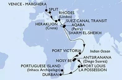 MSC ARMONIA - itinerár  29 nocí odchod z Venice - Marghera Italy dňa 01/11/2026 - Italy,Croatia,Greece,Egypt,Jordan,Seychelles,Madagascar,Mauritius,Reunion,South Africa,Mozambique