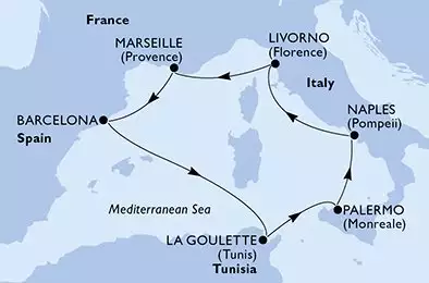 MSC VIRTUOSA - itinerár  7 nocí odchod z Livorno (Florence) Italy dňa 08/08/2027 - Livorno,Marseille,Barcelona,La Goulette,Palermo,Naples,Livorno