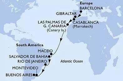 MSC SPLENDIDA - itinerár  18 nocí odchod z Barcelone Espagne dňa 15/11/2026 - Barcelona,Gibraltar,Casablanca,Las Palmas de G.Canaria,Maceio,Salvador,Rio de Janeiro,Montevideo,Buenos Aires