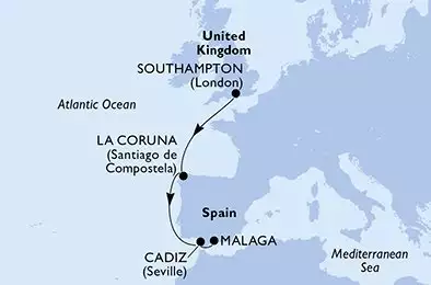 MSC VIRTUOSA - itinerár  5 nocí odchod z Southampton United Kingdom dňa 07/11/2026 - Southampton,La Coruna,Cadiz,Malaga