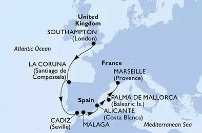 MSC VIRTUOSA - itinerár  8 nocí odchod z Southampton United Kingdom dňa 07/11/2026 - Southampton,La Coruna,Cadiz,Malaga,Alicante,Palma de Mallorca,Marseille