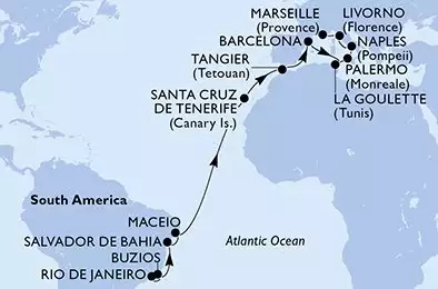 MSC VIRTUOSA - itinerár  22 nocí odchod z Rio de Janeiro Brazil dňa 04/04/2027 - Rio de Janeiro,Buzios,Salvador,Maceio,Santa Cruz de Tenerife,Tangier,Barcelona,La Goulette,Palermo,Naples,Livorno,Marseille