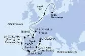 Barcelona,Alicante,Gibraltar,Cadiz,La Coruna,Bilbao,La Rochelle,Kiel