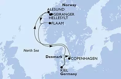 MSC EURIBIA - itinerár  7 nocí odchod z Kiel Germany dňa 04/09/2027 - Kiel,Copenhagen,Hellesylt,Geiranger,Alesund,Flaam,Kiel