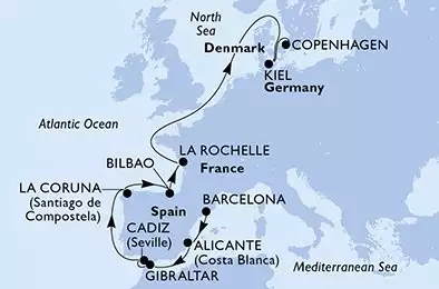 MSC EURIBIA - itinerár  11 nocí odchod z Barcelone Espagne dňa 14/04/2027 - Barcelona,Alicante,Gibraltar,Cadiz,La Coruna,Bilbao,La Rochelle,Kiel,Copenhagen