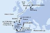 Barcelona,Alicante,Gibraltar,Cadiz,La Coruna,Bilbao,La Rochelle,Kiel,Copenhagen