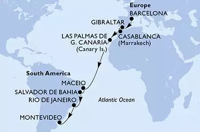MSC SPLENDIDA - itinerár  17 nocí odchod z Barcelone Espagne dňa 15/11/2026 - Barcelona,Gibraltar,Casablanca,Las Palmas de G.Canaria,Maceio,Salvador,Rio de Janeiro,Montevideo