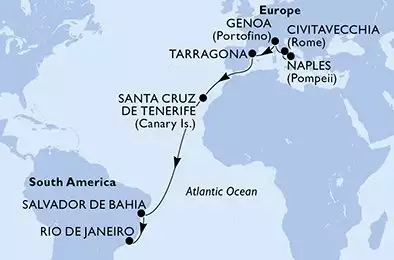 MSC DIVINA - itinerár  17 nocí odchod z Naples (Pompeii) Italy dňa 29/10/2026 - Naples,Civitavecchia,Genoa,Tarragona,Santa Cruz de Tenerife,Salvador,Rio de Janeiro
