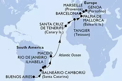 MSC FANTASIA - itinerár  21 nocí odchod z Buenos Aires Argentina dňa 23/03/2026 - Argentina,Brazil,Spain,Morocco,France,Italy