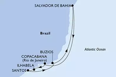 MSC VIRTUOSA - itinerár  7 nocí odchod z Santos Brazil dňa 26/12/2026 - Santos,Buzios,Salvador,Copacabana,Ilhabela,Santos