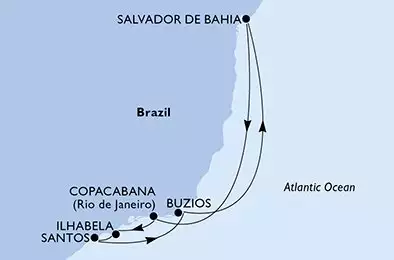 MSC VIRTUOSA - itinerár  7 nocí odchod z Salvador Brazil dňa 29/12/2026 - Salvador,Copacabana,Copacabana,Ilhabela,Santos,Buzios,Salvador