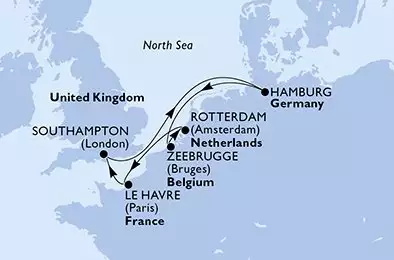 MSC PREZIOSA - itinerár  7 nocí odchod z Rotterdam Netherlands dňa 11/11/2026 - Netherlands,France,United Kingdom,Germany,Belgium