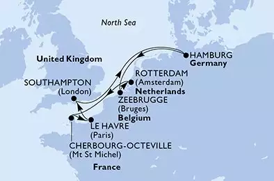 MSC PREZIOSA - itinerár  8 nocí odchod z Rotterdam Netherlands dňa 20/10/2026 - Netherlands,France,United Kingdom,Germany,Belgium