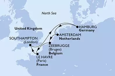 MSC PREZIOSA - itinerár  7 nocí odchod z Le Havre (Paris) France dňa 29/10/2026 - France,United Kingdom,Germany,Netherlands,Belgium
