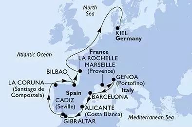 MSC EURIBIA - itinerár  13 nocí odchod z Marsella (Provenza) Francia dňa 11/04/2027 - Marseille,Genoa,Barcelona,Alicante,Gibraltar,Cadiz,La Coruna,Bilbao,La Rochelle,Kiel