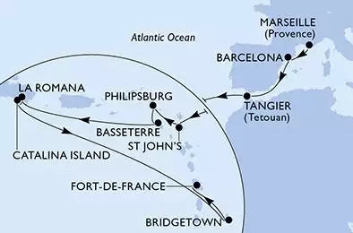 MSC OPERA - itinerár  19 nocí odchod z Marsella (Provenza) Francia dňa 01/11/2026 - France,Spain,Morocco,Antigua and Barbuda,Netherlands Antilles,Saint Kitts and Nevis,Dominican Republic,Barbados,Martinique