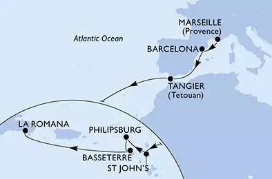 MSC OPERA - itinerár  15 nocí odchod z Marsella (Provenza) Francia dňa 01/11/2026 - France,Spain,Morocco,Antigua and Barbuda,Netherlands Antilles,Saint Kitts and Nevis,Dominican Republic