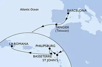 MSC OPERA - itinerár  14 nocí odchod z Barcelone Espagne dňa 02/11/2026 - Spain,Morocco,Antigua and Barbuda,Netherlands Antilles,Saint Kitts and Nevis,Dominican Republic