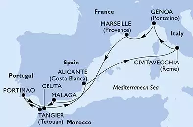 MSC SINFONIA - itinerár  10 nocí odchod z Gênova (Portofino) Itália dňa 18/05/2027 - Italy,France,Spain,Morocco,Portugal