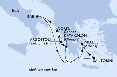 MSC ORCHESTRA  - itinerár  7 nocí odchod z Bari Italy dňa 17/07/2027 - Bari,Santorini,Piraeus,Katakolon,Cefalonia,Corfu,Bari