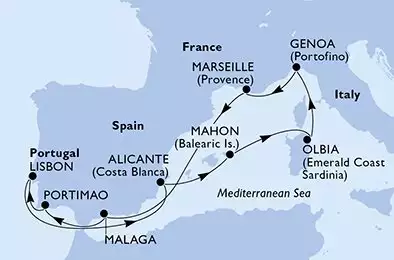 MSC SINFONIA - itinerár  10 nocí odchod z Marsiglia (Provenza) Francia dňa 28/06/2027 - Marseille,Malaga,Portimao,Lisbon,Alicante,Mahon,Olbia,Genoa,Marseille