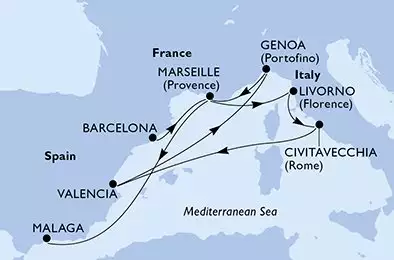 MSC SINFONIA - itinerár  10 nocí odchod z Barcelone Espagne dňa 11/04/2027 - Barcelona,Marseille,Livorno,Civitavecchia,Valencia,Genoa,Marseille,Malaga