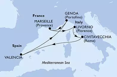 MSC SINFONIA - itinerár  7 nocí odchod z Marseille France dňa 12/04/2027 - Marseille,Livorno,Civitavecchia,Valencia,Genoa,Marseille