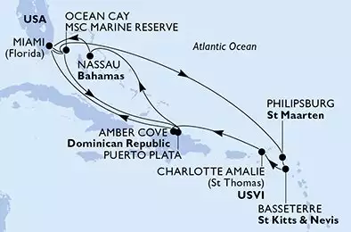 MSC SEASHORE - itinerár  15 nocí odchod z Miami United States dňa 05/11/2027 - Miami,Ocean Cay,Philipsburg,Basseterre,Charlotte Amalie,Amber Cove,Miami,Ocean Cay,Puerto Plata,Nassau,Miami