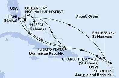 MSC SEASHORE - itinerár  14 nocí odchod z Miami United States dňa 14/11/2027 - Miami,Ocean Cay,Puerto Plata,Nassau,Miami,Puerto Plata,Charlotte Amalie,St John s,Philipsburg,Miami