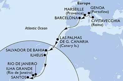 MSC DIVINA - itinerár  18 nocí odchod z Civitavecchia (Rome) Italy dňa 29/10/2027 - Civitavecchia,Genoa,Marseille,Barcelona,Las Palmas de G.Canaria,Salvador,Ilheus,Ilha Grande,Rio de Janeiro,Santos