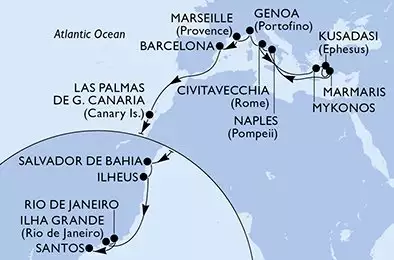 MSC DIVINA - itinerár  25 nocí odchod z Civitavecchia (Rome) Italy dňa 22/10/2027 - Civitavecchia,Mykonos,Kusadasi,Marmaris,Naples,Civitavecchia,Genoa,Marseille,Barcelona,Las Palmas de G.Canaria,Salvador,Ilheus,Ilha Grande,Rio de Janeiro,Santos