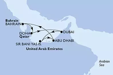 MSC WORLD EUROPA - itinerár  7 nocí odchod z Dubai U. Arab Emirates dňa 22/01/2028 - Dubai,Sir Bani Yas,Abu Dhabi,Bahrain,Doha,Dubai
