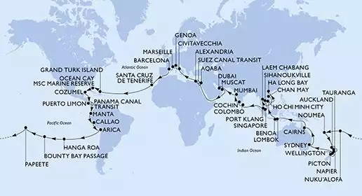 MSC MAGNIFICA - itinerár  115 nocí odchod z Marsella (Provenza) Francia dňa 06/01/2028 - Marseille,Barcelona,Santa Cruz de Tenerife,Grand Turk Island,Ocean Cay,Cozumel,Puerto Limon,CTB-Panama Canal,BLB-Panam Canal,Manta,Callao,Callao,Arica,Hanga Roa,Bounty Bay Passage,Papeete,Papeete,Nuku'alofa,Noumea,Auckland,Tauranga,Napier,Picton,Wellington,Sydney,Sydney,Cairns,Cairns,Lombok,Benoa,Ho Chi Minh City,Ha Long Bay,Ha Long Bay,Chan May,Laem Chabang,Sihanoukville,Singapore,Port Klang,Colombo,Cochin,Mumbai,Mumbai,Dubai,Dubai,Muscat,Aqaba,Suez Canal South,Suez Canal North,Alexandria,Civitavecchia,Genoa,Marseille