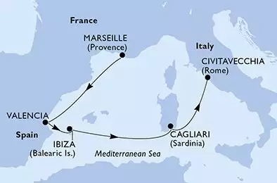 MSC MUSICA - itinerár  5 nocí odchod z Marseille France dňa 09/09/2026 - Marseille,Valencia,Ibiza,Cagliari,Civitavecchia
