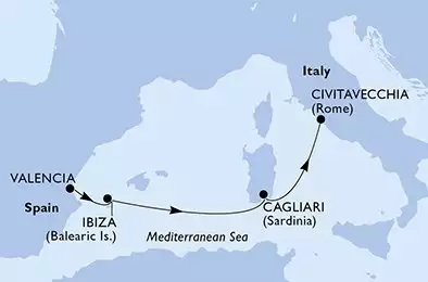 MSC MUSICA - itinerár  4 nocí odchod z Valencia Spain dňa 10/09/2026 - Valencia,Ibiza,Cagliari,Civitavecchia